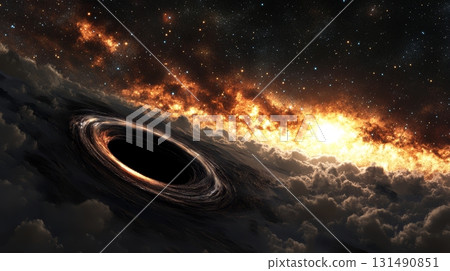 A captivating view reveals a black hole at the center, engulfed by swirling cosmic clouds and shimmering stars in a deep space tableau 131490851
