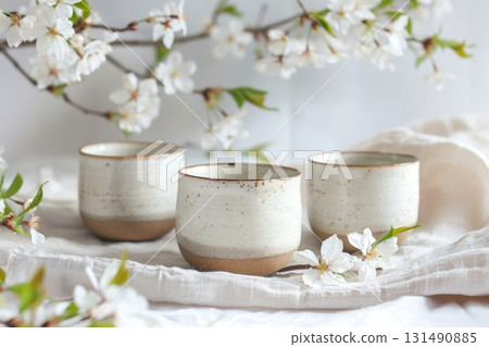Three ceramic cups with a rustic glaze sit on a light fabric, surrounded by delicate white flowers, enhancing a tranquil and elegant atmosphere 131490885
