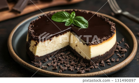 Indulge in a rich chocolate cheesecake with glossy ganache and fresh basil-a delicious black cuisine dessert! Indulge in a rich chocolate cheesecake with glossy ganache and fresh basil-a delicious black cuisine dessert! 131490897