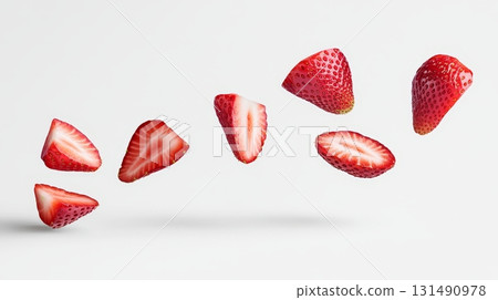 Multiple fresh strawberry slices are suspended in mid-air, showcasing their juicy, red color and inviting textures against a clean background 131490978