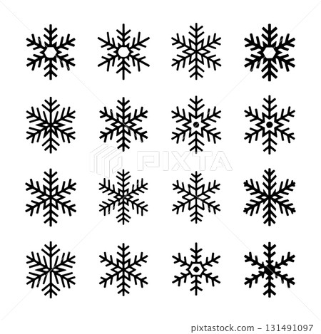 Unique snowflake patterns arranged in a grid showcasing various designs suitable for winter themes Unique snowflake patterns arranged in a grid showcasing various designs suitable for winter themes 131491097