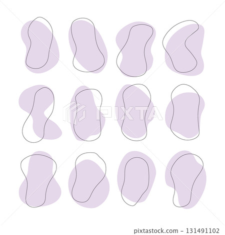 Abstract shapes in a modern design with soft purple backgrounds and outlines in a grid layout 131491102