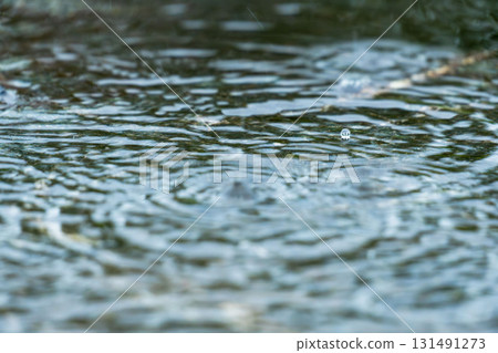 Rain falls on water pooled on rocks 01 131491273