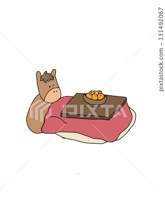Illustration of a horse sitting in a kotatsu 131492067
