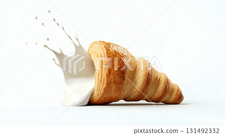 A croissant made of bread is combined with a splash of milk, creating an eye-catching composition in a minimalist setting 131492332