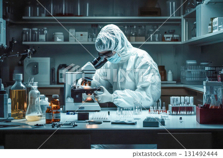 A researcher wears protective gear while analyzing samples with a microscope in a well-organized lab filled with equipment 131492444