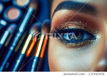 An elegant woman demonstrates skillful makeup application, featuring vibrant eyeshadow and professional brushes in the background An elegant woman demonstrates skillful makeup application, featuring vibrant eyeshadow and professional brushes in the background 131492456