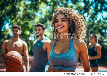 Friends practice basketball in the park under the sun, showcasing teamwork and joy while engaging in physical activity together Friends practice basketball in the park under the sun, showcasing teamwork and joy while engaging in physical activity together 131492477