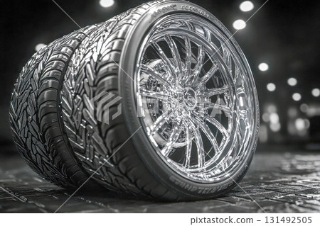 Alloy wheels and tires sit neatly stacked in a dark garage. Strong lighting highlights their shiny surface, showcasing their sleek design 131492505