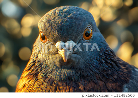 A detailed view of a pigeon highlights its colorful feathers and bright eyes as the sun sets, creating a warm atmosphere 131492506