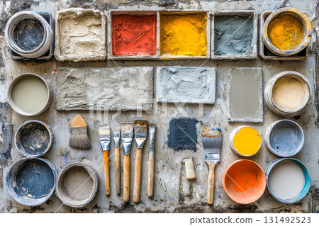Various cans of paint in different colors and brushes are arranged on a work table covered in paint splatters and materials 131492523