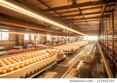 Trays filled with fresh eggs are neatly arranged in a spacious, bright agricultural facility, showcasing efficient production 131492544