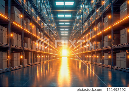 Warm light from the sunset shines through a warehouse, highlighting neatly arranged boxes on metal shelves in an organized space Warm light from the sunset shines through a warehouse, highlighting neatly arranged boxes on metal shelves in an organized space 131492592