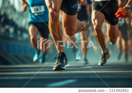 Competitive athletes sprint along a bustling city street, showcasing their speed and energy during a marathon event on a sunny day Competitive athletes sprint along a bustling city street, showcasing their speed and energy during a marathon event on a sunny day 131492681