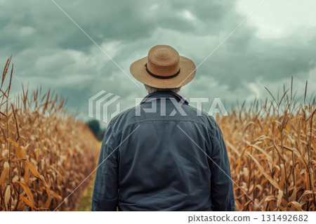 A man wearing a straw hat and jacket looks out over a cornfield with golden corn stalks on a cloudy autumn day 131492682