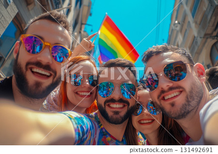 A lively group of friends enjoys a pride celebration in a city street, smiling and holding a rainbow flag under a bright blue sky 131492691