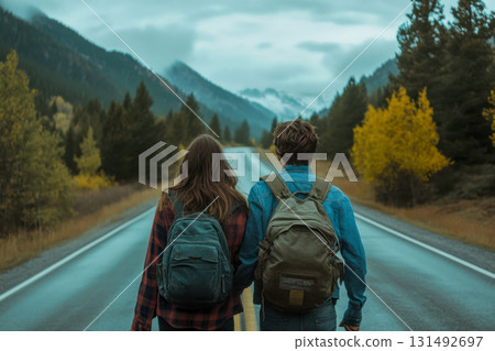 Two people with backpacks stroll down a winding road surrounded by mountains and colorful trees under a cloudy sky 131492697