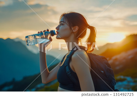 A young woman drinks water while hiking in the mountains during sunset, enjoying the beautiful scenery and staying refreshed A young woman drinks water while hiking in the mountains during sunset, enjoying the beautiful scenery and staying refreshed 131492725