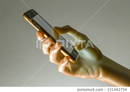 A hand is holding a smartphone, showing a sleek design, with a gentle glow in a calming atmosphere that emphasizes the technology 131492734