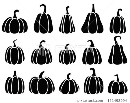 Black silhouette pumpkins of different sizes and shapes set Black silhouette pumpkins of different sizes and shapes set 131492994