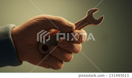 Clay animation style. A man's hand holding a small wrench and the spirit of a craftsman. 131493013