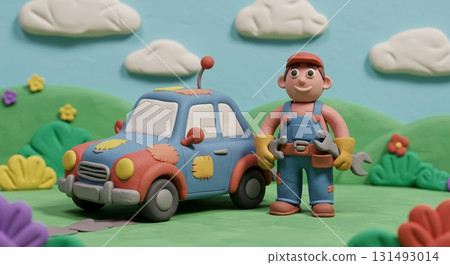 機械師父子。黏土動畫：一家人開著一輛藍色汽車，車蓋打開了 131493014