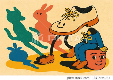 Surrealism artwork featuring playful shoe and shadow creatures, concept design 131493085