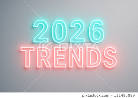 Neon sign displaying 2026 trends in blue and pink colors, futuristic design 131493089