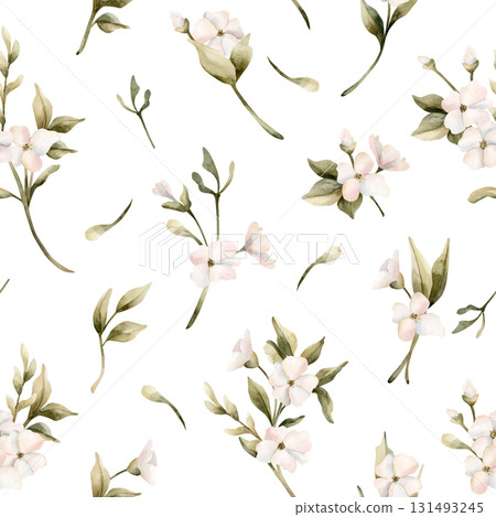 White small flowers with leaves seamless pattern. Jasmine, orange, apple blossom. Watercolor hand painted floral isolated illustration for wedding design home textile cosmetic package wrapping paper White small flowers with leaves seamless pattern. Jasmine, orange, apple blossom. Watercolor hand painted floral isolated illustration for wedding design home textile cosmetic package wrapping paper 131493245