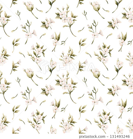 White small flowers with leaves seamless pattern. Jasmine, orange, apple blossom. Watercolor hand painted floral isolated illustration for wedding design home textile cosmetic package wrapping paper White small flowers with leaves seamless pattern. Jasmine, orange, apple blossom. Watercolor hand painted floral isolated illustration for wedding design home textile cosmetic package wrapping paper 131493246