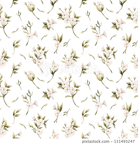 White small flowers with leaves seamless pattern. Jasmine, orange, apple blossom. Watercolor hand painted floral isolated illustration for wedding design home textile cosmetic package wrapping paper White small flowers with leaves seamless pattern. Jasmine, orange, apple blossom. Watercolor hand painted floral isolated illustration for wedding design home textile cosmetic package wrapping paper 131493247