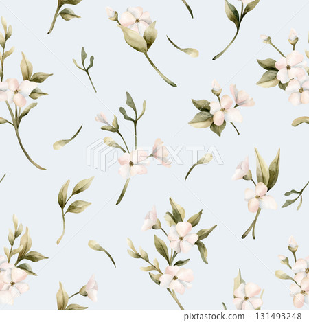 White small flowers with leaves seamless pattern. Jasmine, orange, apple blossom. Watercolor hand painted floral isolated illustration for wedding design home textile cosmetic package wrapping paper White small flowers with leaves seamless pattern. Jasmine, orange, apple blossom. Watercolor hand painted floral isolated illustration for wedding design home textile cosmetic package wrapping paper 131493248