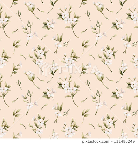 White small flowers with leaves seamless pattern. Jasmine, orange, apple blossom. Watercolor hand painted floral isolated illustration for wedding design home textile cosmetic package wrapping paper White small flowers with leaves seamless pattern. Jasmine, orange, apple blossom. Watercolor hand painted floral isolated illustration for wedding design home textile cosmetic package wrapping paper 131493249