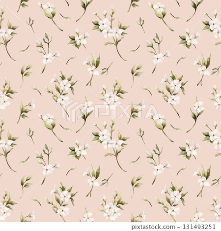 White small flowers with leaves seamless pattern. Jasmine, orange, apple blossom. Watercolor hand painted floral isolated illustration for wedding design home textile cosmetic package wrapping paper White small flowers with leaves seamless pattern. Jasmine, orange, apple blossom. Watercolor hand painted floral isolated illustration for wedding design home textile cosmetic package wrapping paper 131493251