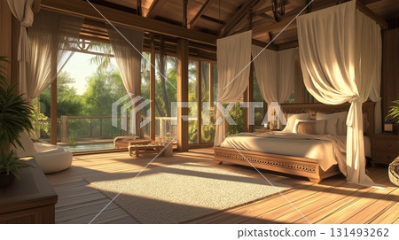 Bedroom in a tropical bamboo villa. Luxury holiday home 131493262