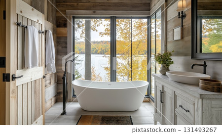 Luxurious modern bathroom with freestanding bathtub. Interior design for relaxation and vacation. 131493267