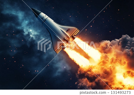 Rocket launching into a clear blue sky with billowing clouds during daytime 131493273