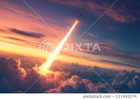 Rocket launching into a clear blue sky with billowing clouds during daytime Rocket launching into a clear blue sky with billowing clouds during daytime 131493274