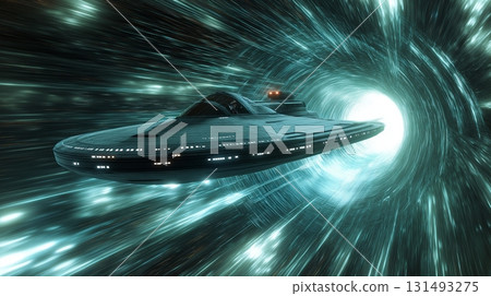 Science fiction spaceship travels through a swirling black hole in a distant galaxy 131493275