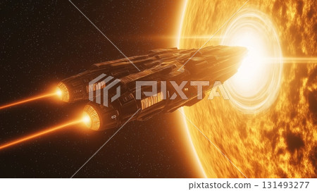 Spaceship travels near a blazing star, showcasing exploration in a distant galaxy Spaceship travels near a blazing star, showcasing exploration in a distant galaxy 131493277