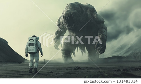 Astronaut encounters a giant creature on a distant alien planet during a foggy atmosphere 131493314