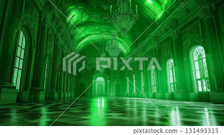 Grand green palace hall interior with reflecting light on checkered floor Grand green palace hall interior with reflecting light on checkered floor 131493315