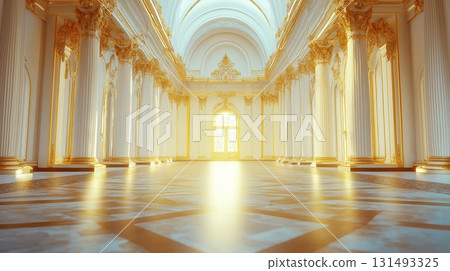 White palace baroque hall with golden accents and marble flooring 131493325