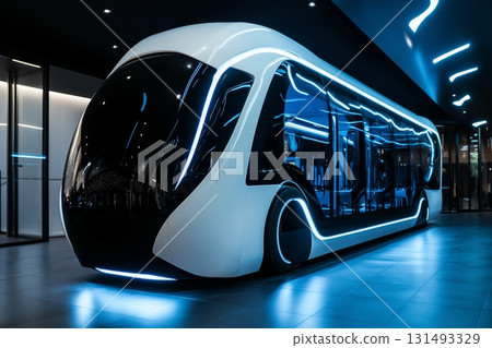Futuristic electric bus displayed in a modern urban setting during evening hours 131493329