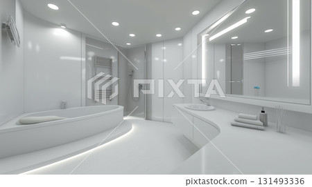 Render of a modern minimalist bathroom. Interior design concept for hotel or home. 131493336