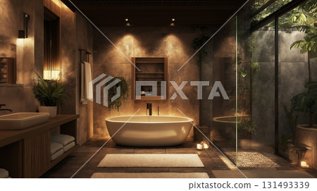 Luxurious modern bathroom interior with a bathtub, shower, and double sink 131493339