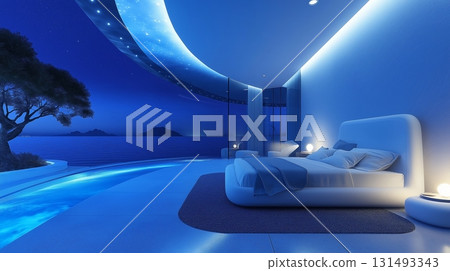 Cozy bedroom with stunning ocean view and moonlight illuminating the serene atmosphere at night 131493343