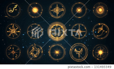 Neon constellation art of zodiac signs set against a starry night sky. Astrological symbols 131493349