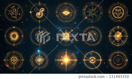 Neon constellation art of zodiac signs set against a starry night sky. Astrological symbols 131493350