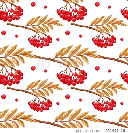 Rowan Berry Branches and Leaves Seamless Pattern 131493426